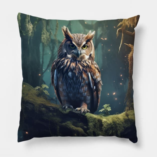 Owl Animal Bird Wildlife Wilderness Colorful Realistic Illustration Pillow by Cubebox