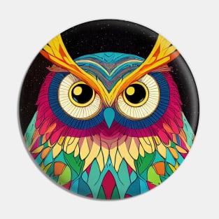 Colorful Owl Portrait Illustration - Bright Vibrant Colors Bohemian Style Feathers Psychedelic Bird Animal Rainbow Colored Art Pin