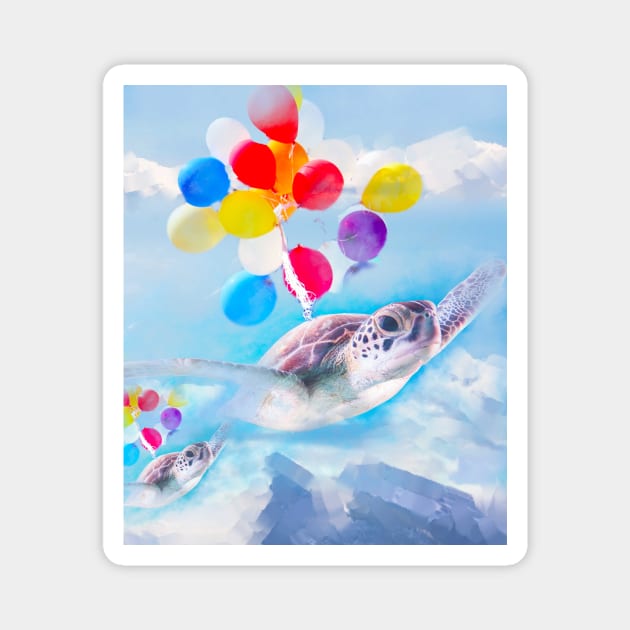 Cute Turtle Flying With Balloons Magnet by Random Galaxy