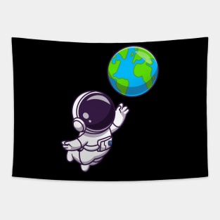 Cute Astronaut Floating with Earth World Tapestry