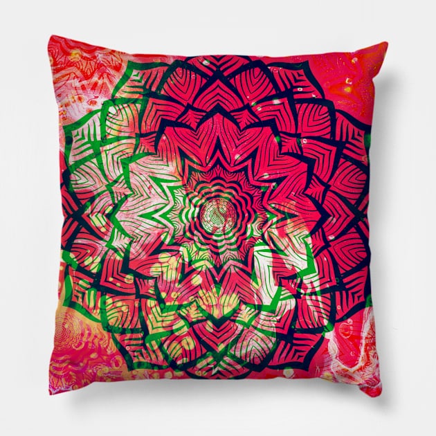 Lotus Mandala in Psychedelic Pink Background Pillow by 13Lines Art