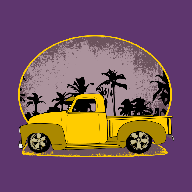 1950s Chevrolet pickup side view with palm tree backdrop by ZoeysGarage