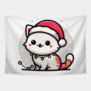 Cute Christmas Cat Santa Hat Christmas Lights Adorable Tapestry