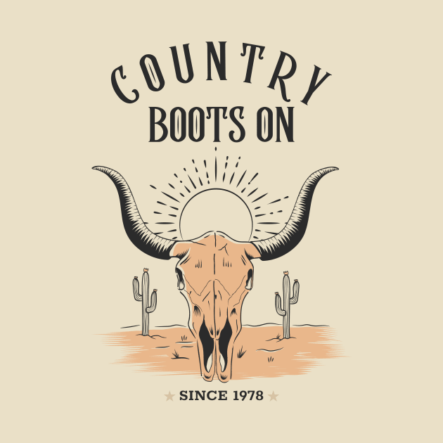 bull skull country boots on western desert by Tip Top Tee's