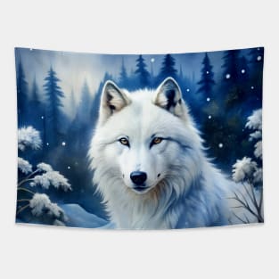 Funny White Wolf Hunting Ground, Winter Mountain Icy Moon, Forest, Galaxy Beautiful gifts Novelty Wild Animal Hunting Fashion Watercolor Tapestry