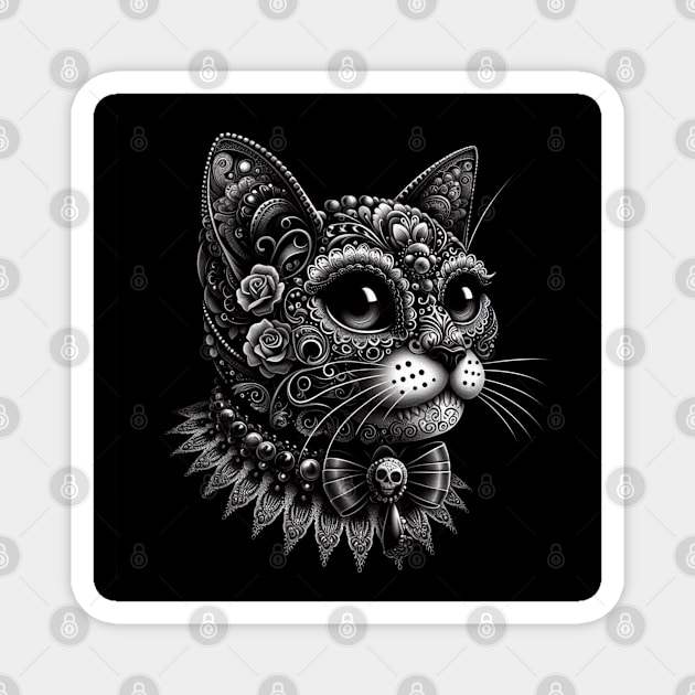 Black Cat Sugar Skull Magnet by Fanciful Wonder