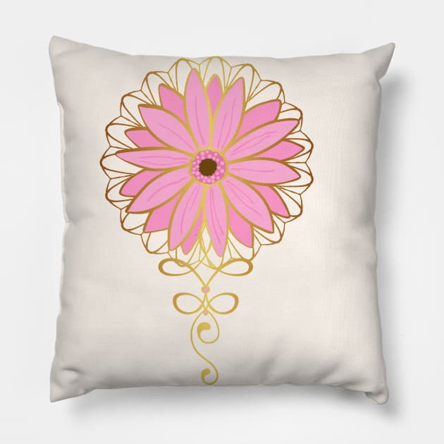 Golden Garden Mandala And Pink Gerber Daisy Pillow by LittleBunnySunshine