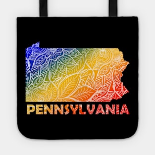 Colorful mandala art map of Pennsylvania with text in blue, yellow, and red Tote