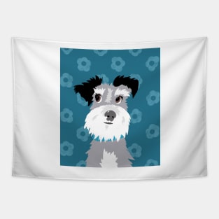 Salt and Pepper Miniature Schnauzer on Blue Daisy Background Tapestry