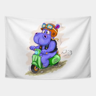 Cartoon hippo motorcyclist Tapestry