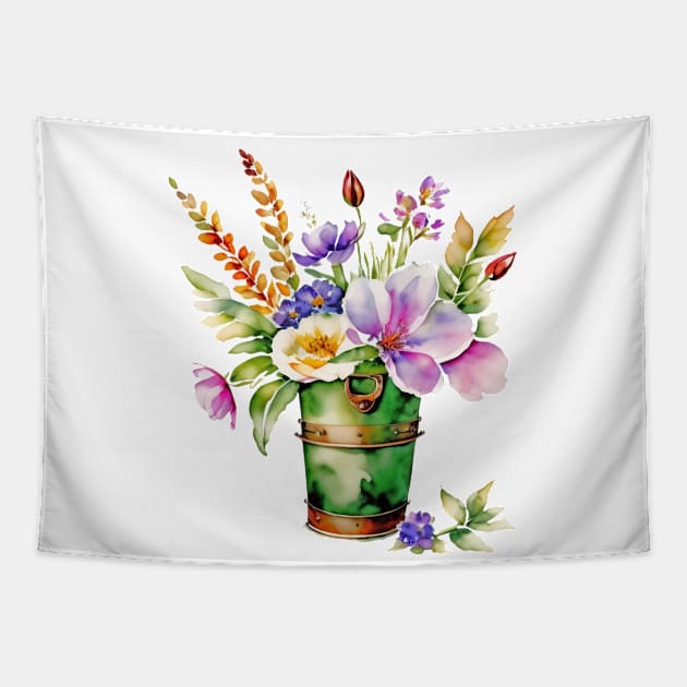 Watercolor Pail Filled with Spring Flowers Tapestry by tfortwo