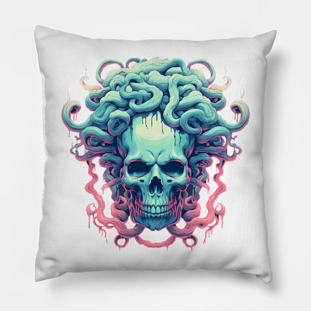 Coral and blue Skull Medusa Pillow by Acid_rain