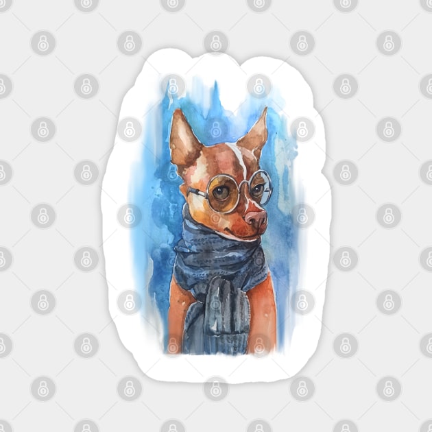 Smart Chihuahua dog with glasses, watercolor print. Magnet by kdegtiareva