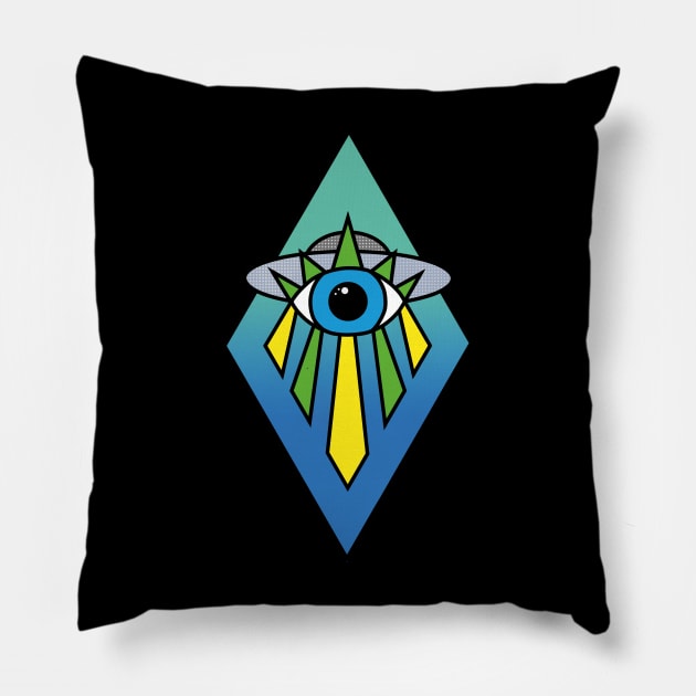 Illuminati Pyramid UFO Evil Eye Art Deco Geometric Diamond Shape Green Blue Sea Sky Space Pillow by Ciara Shortall Art