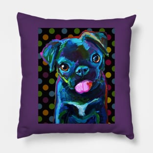 Derpy Black Pug Puppy with Polka Dots Pillow