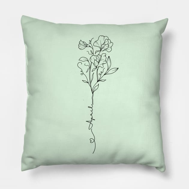 Minimalist Line Art  Sweet Pea April Birth Flower Pillow by Tina