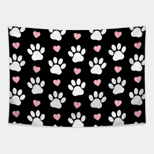 Pattern Of Paws, Dog Paws, White Paws, Pink Hearts Tapestry