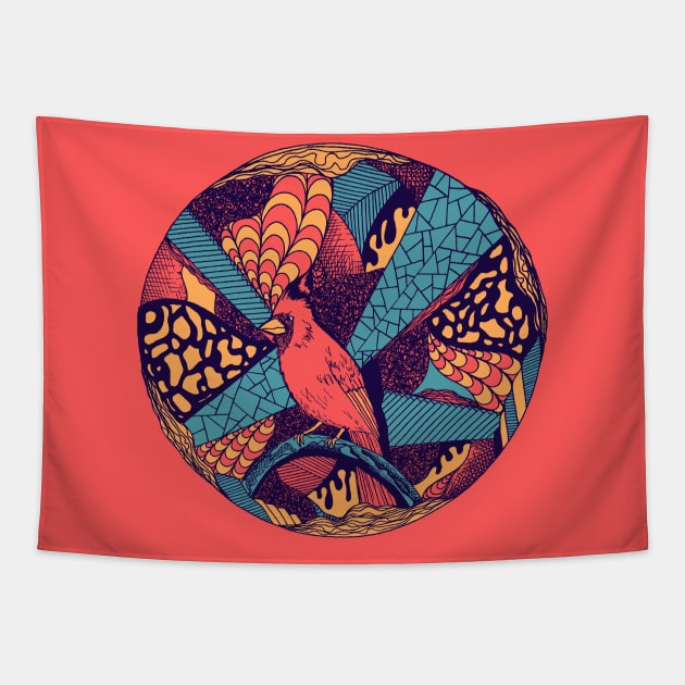 Retro Triad Circle of The Northern Cardinal Tapestry by kenallouis