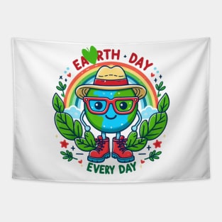 Earth Day Every Day Cute Earth Wearing Red Glasses and a Hat Tapestry