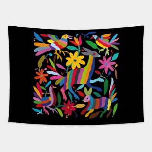 Mexican textile handmade embroidery multicolor pattern otomí tenango black Tapestry