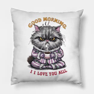 Print design of a cute Persian cat, wearing cozy pajamas and holding a steaming cup of coffee.2 Pillow