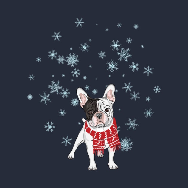 French Bulldog (Pied Frenchie Dog) with Winter Wear and Snowflakes by Seasonal Dogs