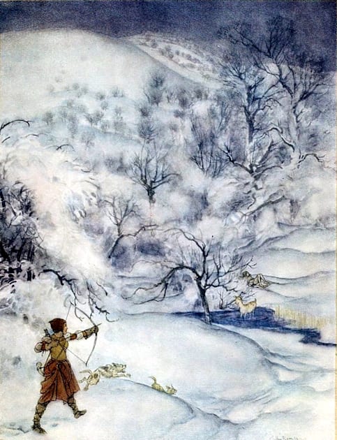 Woman Hunting in the Snow - Arthur Rackham Kids T-Shirt by forgottenbeauty