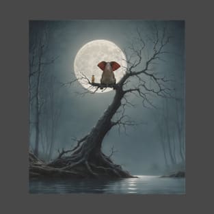 elephant and dog sitting on a tree and looking at the moon T-Shirt