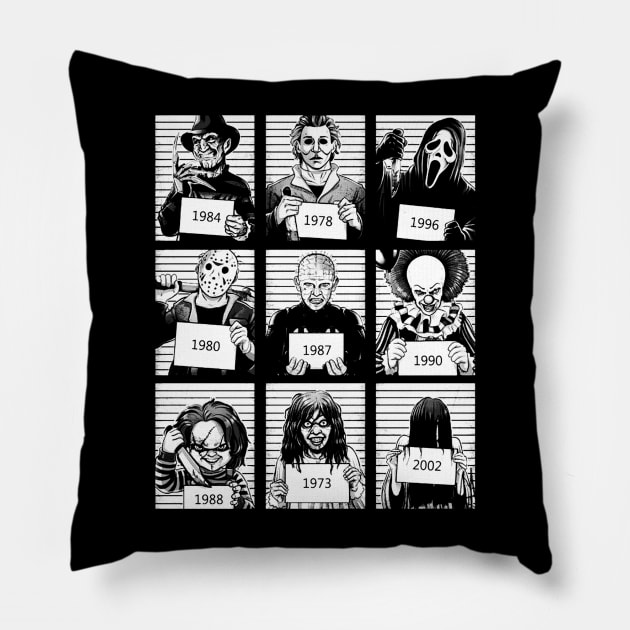 Halloween Mug Shot / Horror Movie Character Pillow by RadRetro