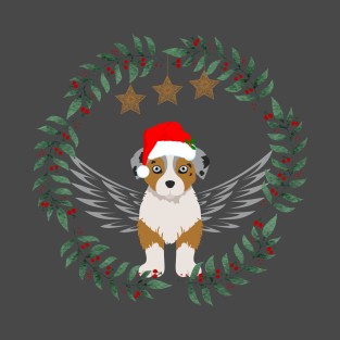 Australian Shepherd Puppy with Wings and Christmas Santa Hat T-Shirt