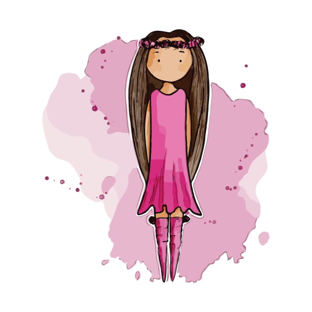 Cute bohemian girly girl with very long brown hair and a pink dress by Sissely