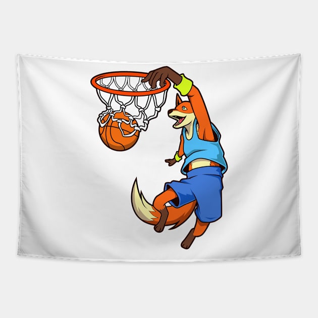 Comic fox plays basketball Tapestry by Modern Medieval Design