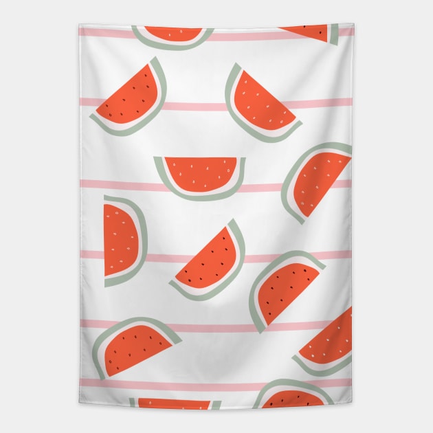 Red watermelon slice with bones design on striped pink background Tapestry by Eshka
