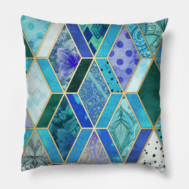 Sapphire & Emerald Diamond Patchwork Pattern Pillow by micklyn