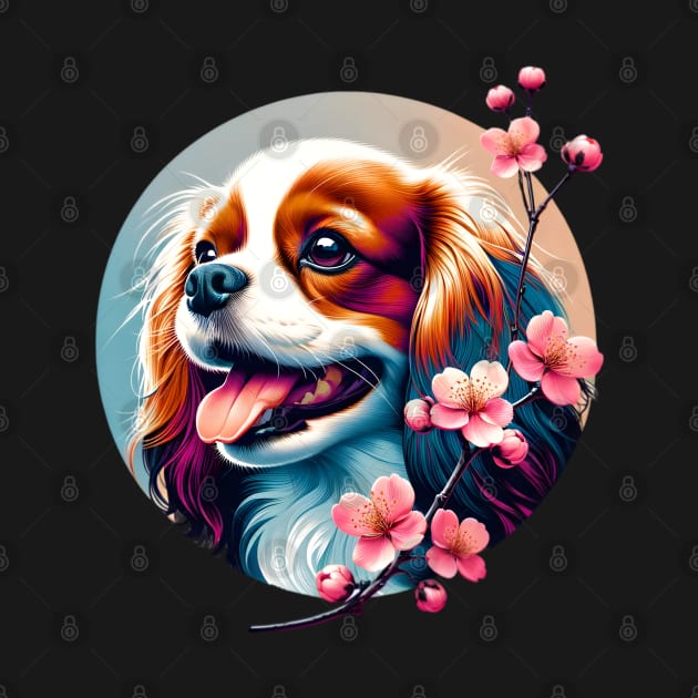 Joyful English Toy Spaniel with Spring Cherry Blossoms by ArtRUs