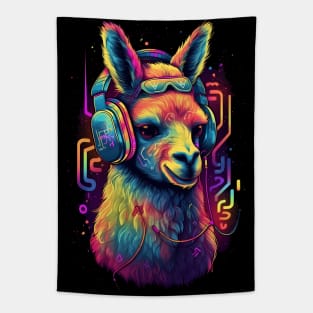 Llama Rocking Out with Multihued Soundwaves Tapestry