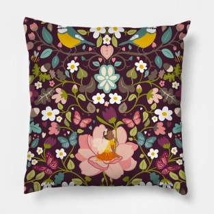 Flower fairies in a secret woodland glade on purple Pillow