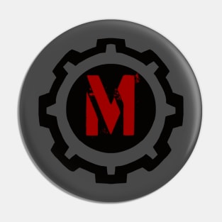 Red Letter M in a Black Industrial Cog Pin