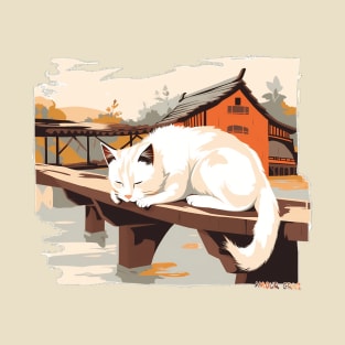 Sleeping Village Cat on a Bridge Japanese Aesthetics T-Shirt