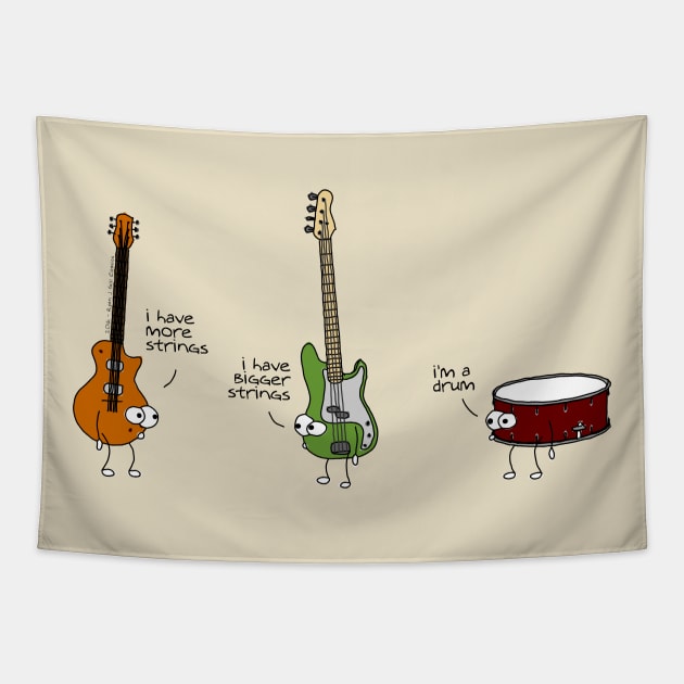 The Guitar, The Bass, and the Snare Drum Tapestry by RyanJGillComics