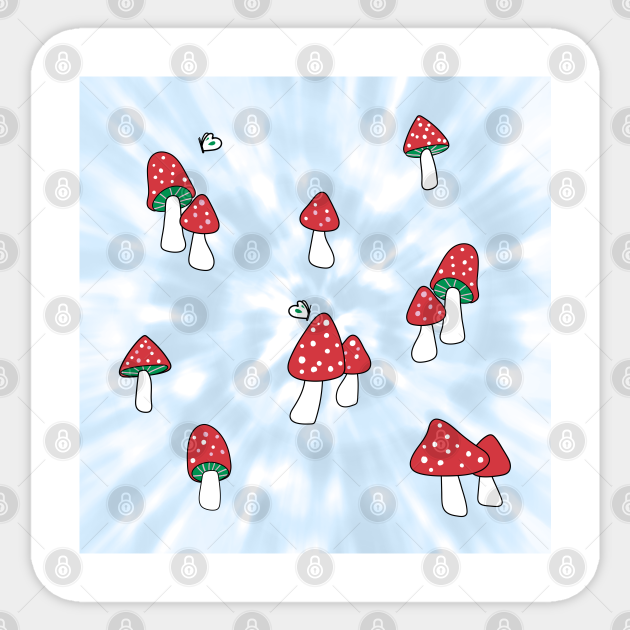 Aesthetic Red Hatted Mushrooms And Butterflies On A Light Blue Pastel Tie Dye Background Mushroom Sticker Teepublic Published by april 1, 2020. teepublic