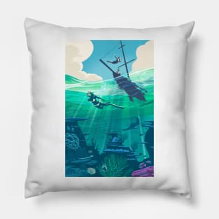 Reef Diver and Snorkeller Retro Sailing Travel Poster Pillow