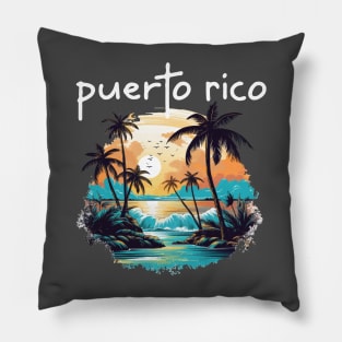 Puerto Rico - Beach Scene (White Lettering) Pillow