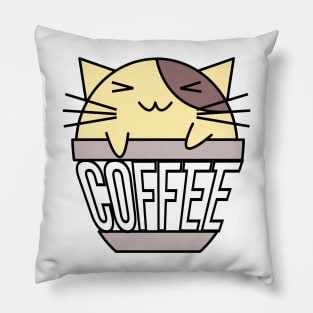 Happy cat in coffee cup with warped text yellow and brown Pillow