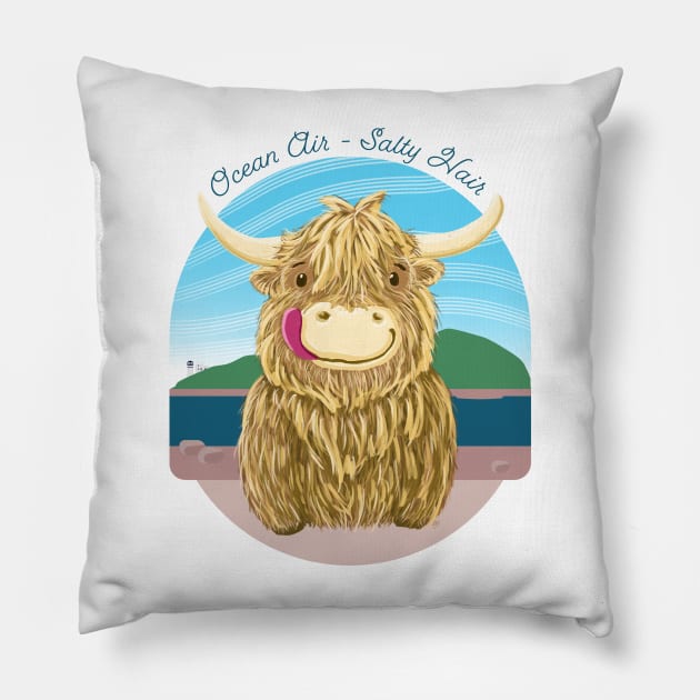 Scottish Highland Cow With Ocean Salty Hair Pillow by brodyquixote