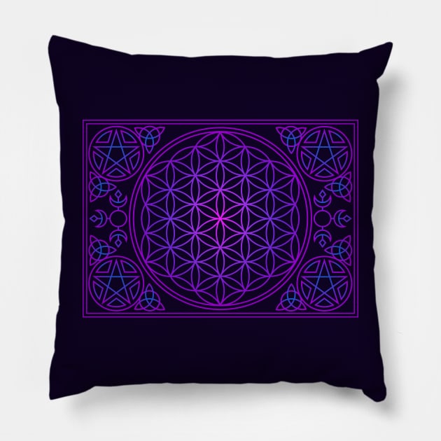 Flower of life Pink Purple and Blue Pillow by RavenWake