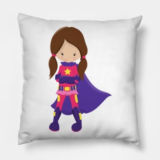 Superhero Girl, Brown Hair, Cute Girl, Purple Cape Pillow