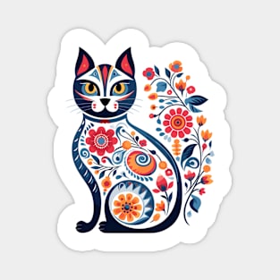 Folk Art Feline: Colorful Floral Cat Illustration Magnet