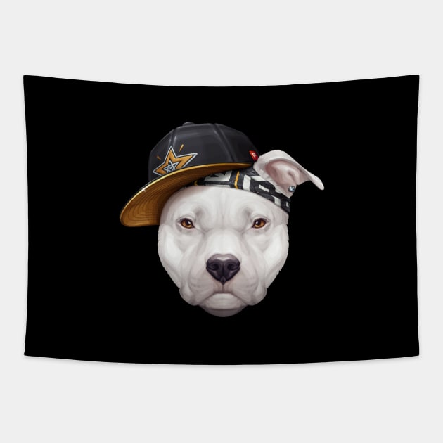 White Pit Bull Terrier Hip-Hop Super Star Tapestry by stonemask