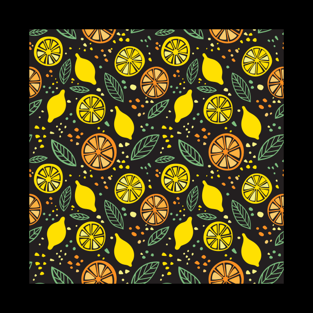 Citrus lemon and orange on black background pattern by yuliia_bahniuk